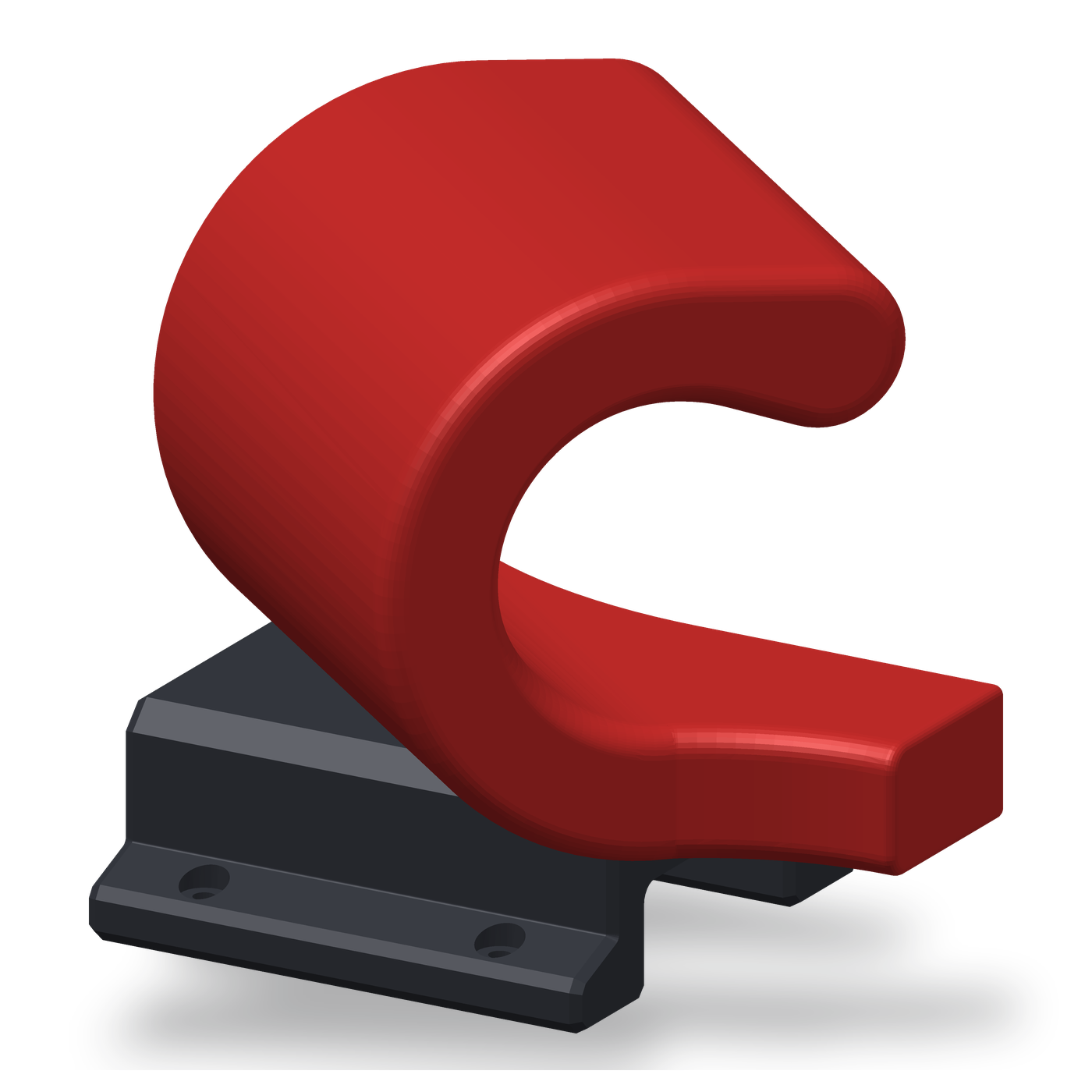 CAD render of the pneumatic gun holder: a red C-shaped holster mounted on a charcoal base bracket